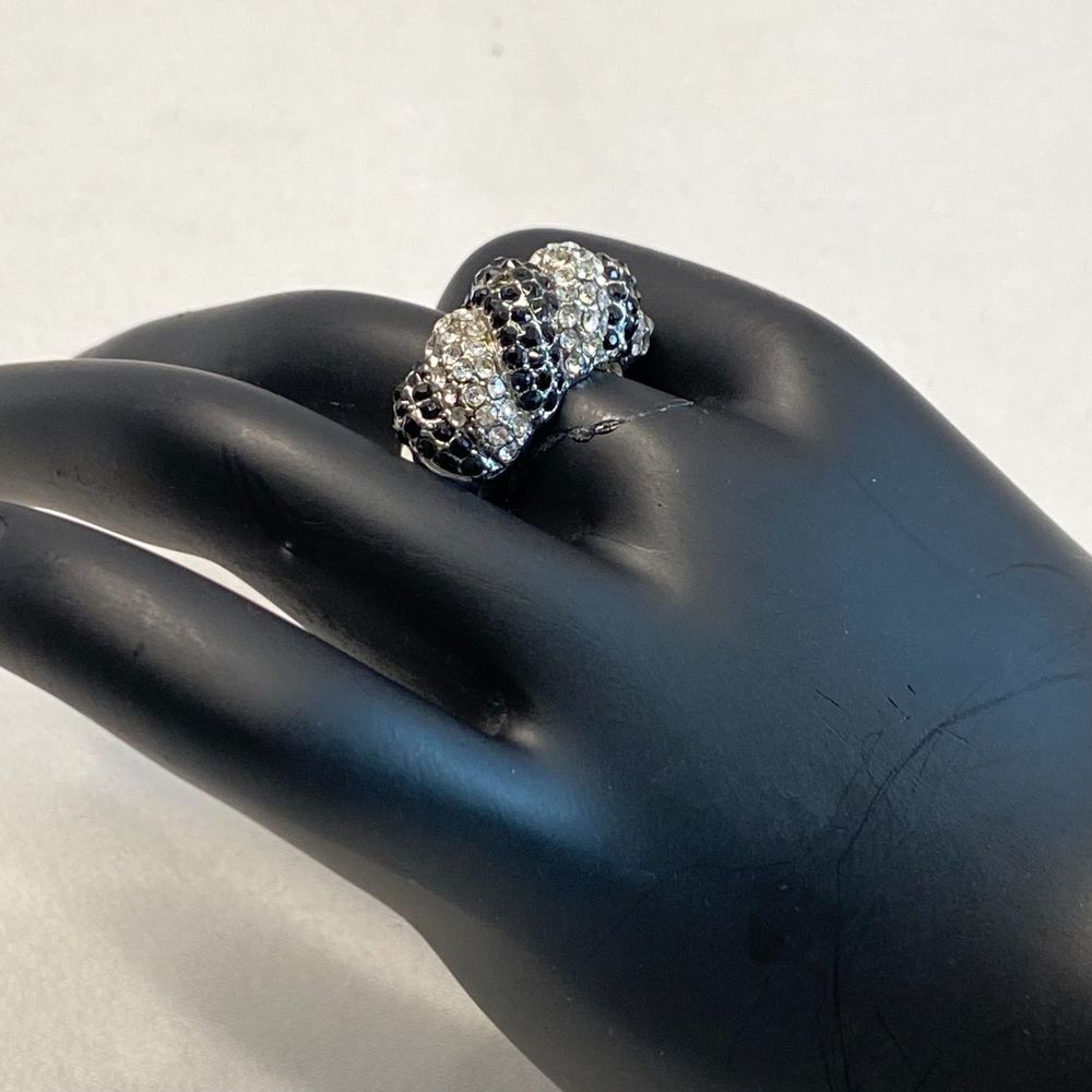💎Black Clear Pave Rhinestone Diagonal Scalloped Statement Ring Vintage